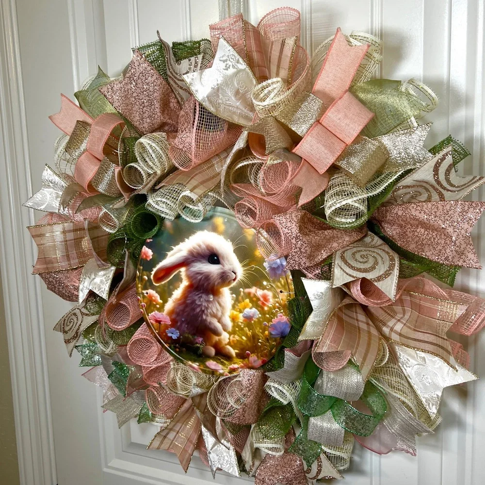 Handmade Floral Bunny Spring Prelit Ribbon Wreath 22 in LED W4
